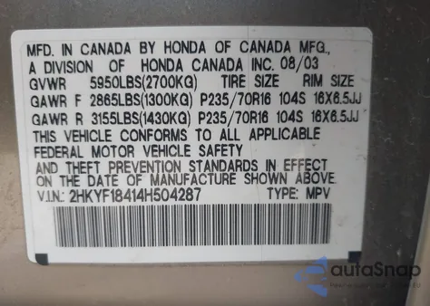 2004 Honda Pilot Ex from USA, damaged, VIN 2HKYF18414H504287